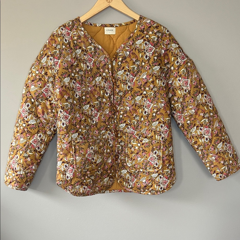 Sonmer Quilted Jacket Size Small Mustard Tan Floral Paisley‎ Boho Cottagecore